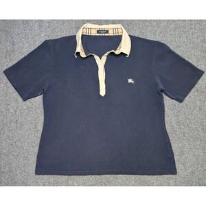 Burberry London Women's Polo Shirt Size 12 Large Navy Blue 100% Cotton Vtg